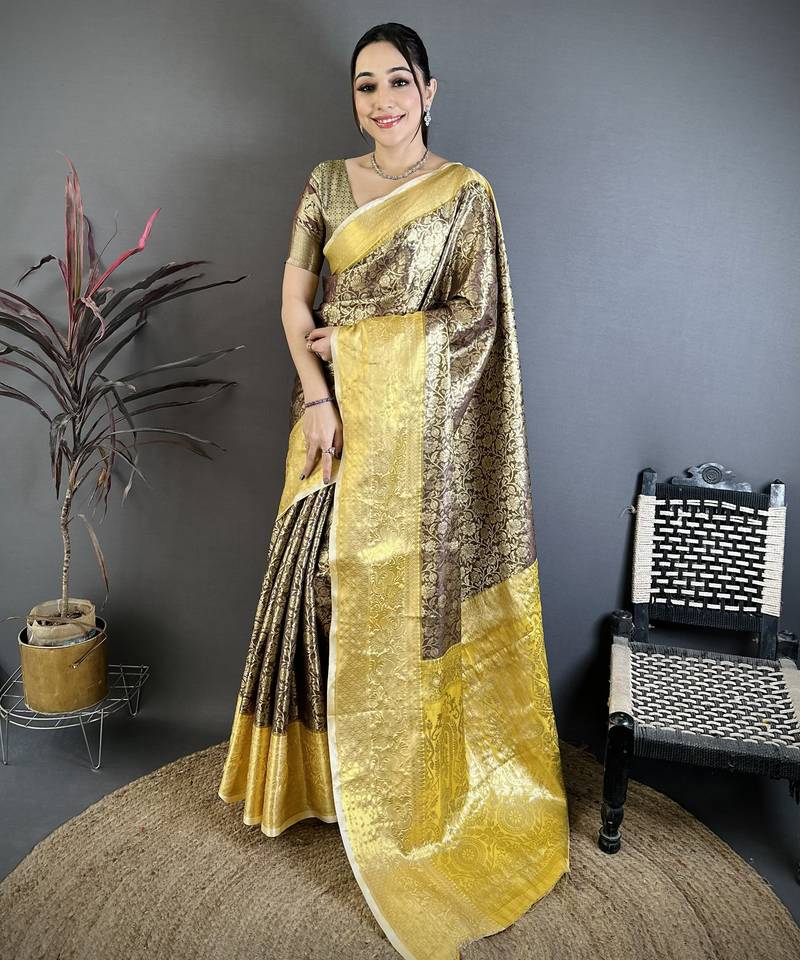 Brown, yellow floral, zari woven kanjivaram silk saree with blouse