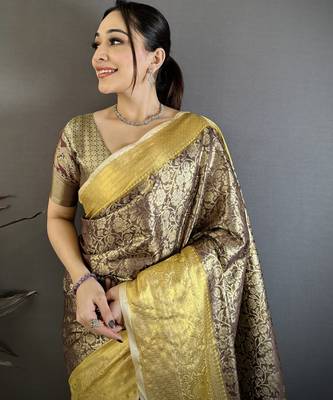 Brown yellow floral zari woven silk blend saree with blouse 2