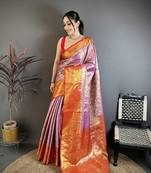 Lavender, red floral, zari woven kanjivaram silk saree with blouse