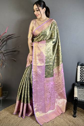 Olive green, pink floral, zari woven kanjivaram silk saree with blouse