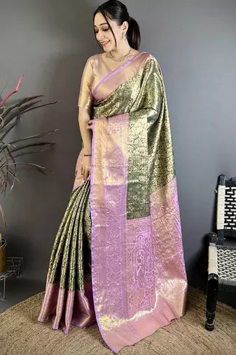 Olive green, pink floral, zari woven kanjivaram silk saree with blouse