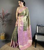Olive green, pink floral, zari woven kanjivaram silk saree with blouse