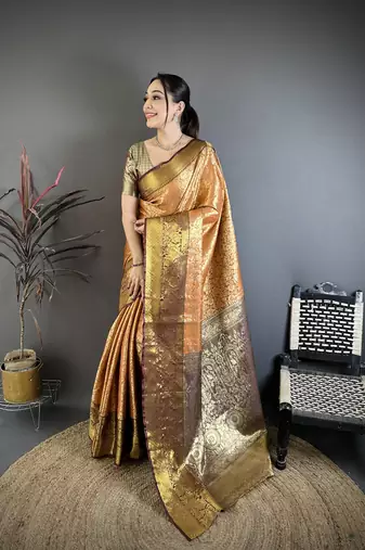 Orange, brown floral, zari woven kanjivaram silk saree with blouse