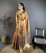 Orange, brown floral, zari woven kanjivaram silk saree with blouse