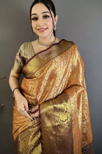 Orange, brown floral, zari woven kanjivaram silk saree with blouse