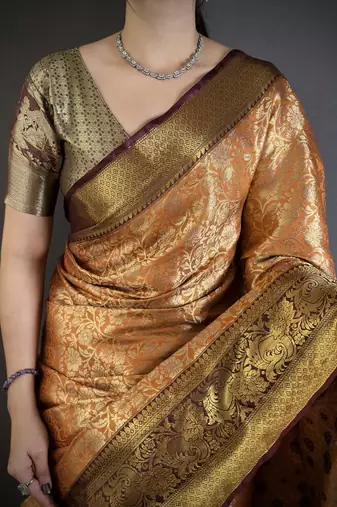 Orange, brown floral, zari woven kanjivaram silk saree with blouse