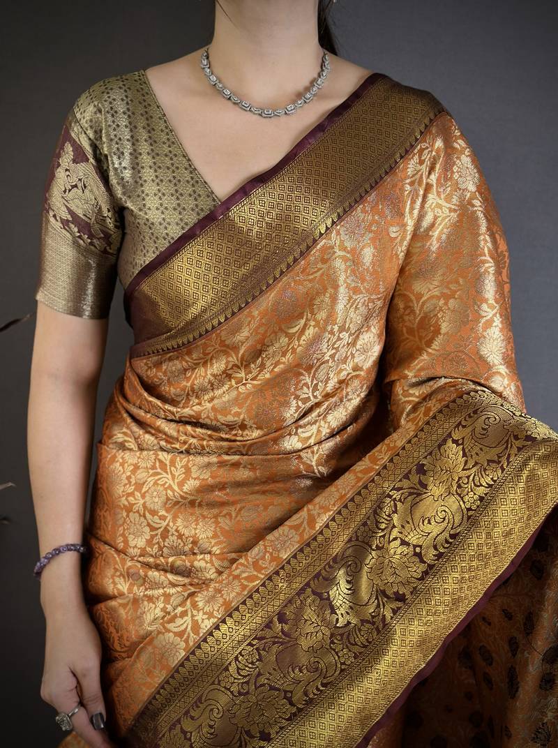 Orange, brown floral, zari woven kanjivaram silk saree with blouse