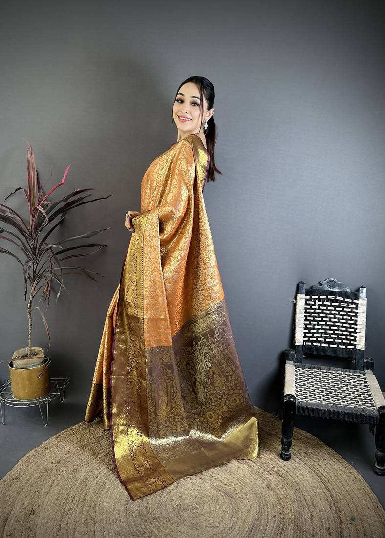 Orange, brown floral, zari woven kanjivaram silk saree with blouse
