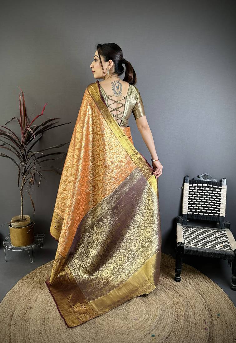 Orange, brown floral, zari woven kanjivaram silk saree with blouse