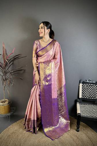 Pink, purple floral, zari woven kanjivaram silk saree with blouse
