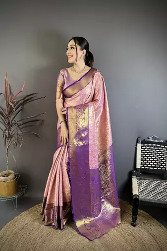 Pink, purple floral, zari woven kanjivaram silk saree with blouse