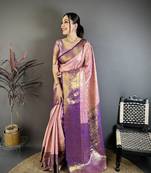 Pink, purple floral, zari woven kanjivaram silk saree with blouse