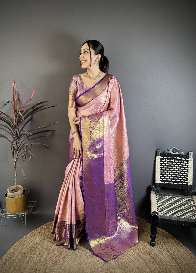 Pink, purple floral, zari woven kanjivaram silk saree with blouse