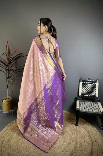 Pink, purple floral, zari woven kanjivaram silk saree with blouse
