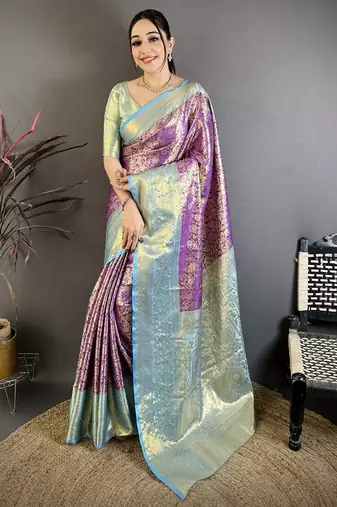 Purple, sky blue floral, zari woven kanjivaram silk saree with blouse