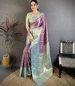 Purple, sky blue floral, zari woven kanjivaram silk saree with blouse