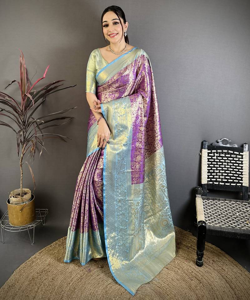 Purple, sky blue floral, zari woven kanjivaram silk saree with blouse