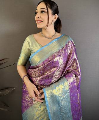 Purple sky blue floral zari woven silk blend saree with blouse 2