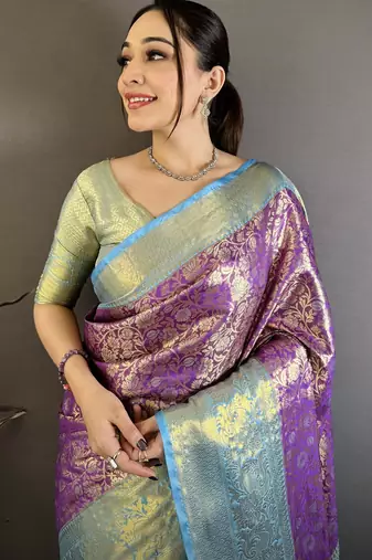 Purple sky blue floral zari woven silk blend saree with blouse