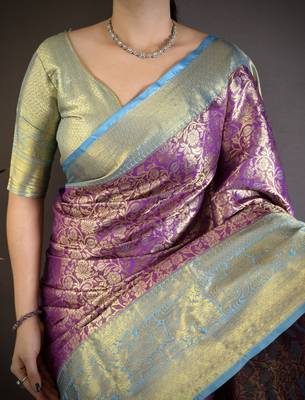 Purple sky blue floral zari woven silk blend saree with blouse 3