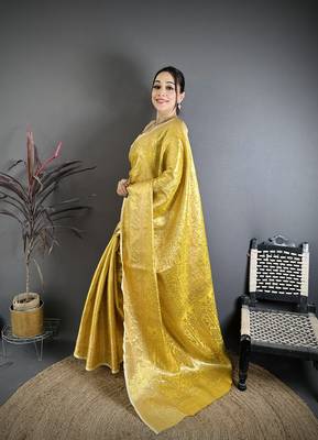 Yellow floral zari woven silk blend saree with blouse 3