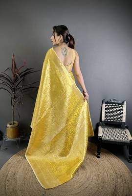 Yellow floral zari woven silk blend saree with blouse 4