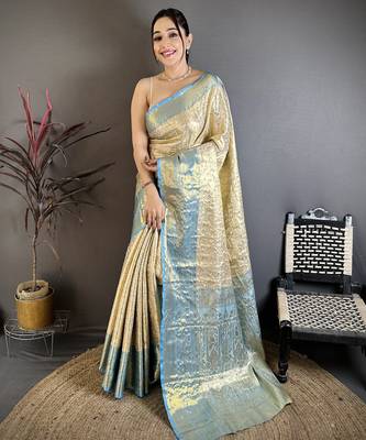 Blue floral zari woven kanchipuram silk blend saree with blouse 1