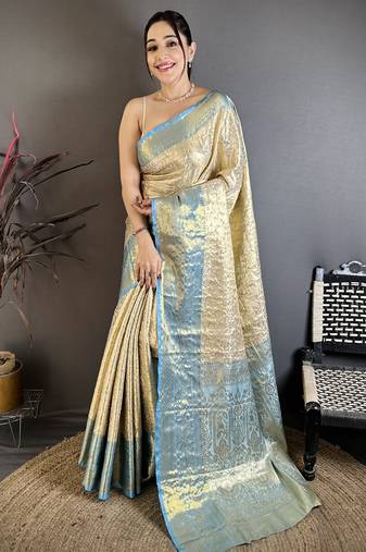 Blue floral, zari woven kanchipuram silk saree with blouse