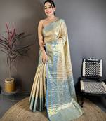 Blue floral, zari woven kanchipuram silk saree with blouse