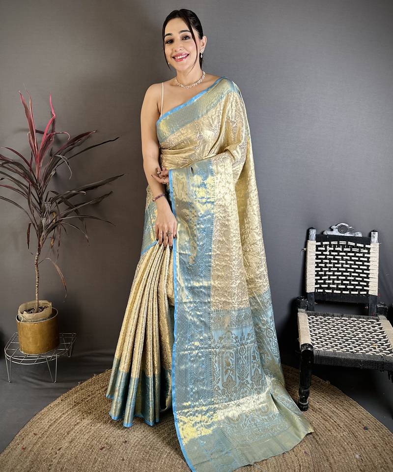 Blue floral, zari woven kanchipuram silk saree with blouse
