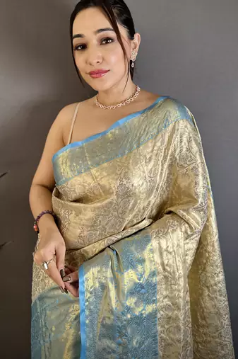 Blue floral, zari woven kanchipuram silk saree with blouse