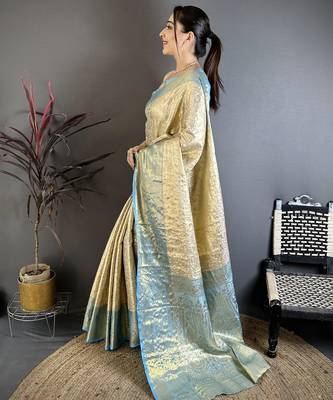Blue floral zari woven kanchipuram silk blend saree with blouse 3