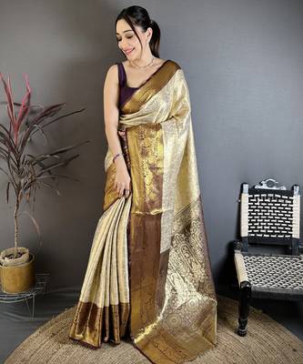 Brown floral zari woven kanchipuram silk blend saree with blouse 1