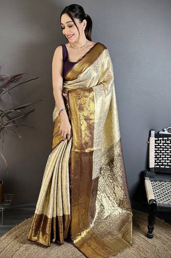 Brown floral, zari woven kanchipuram silk saree with blouse