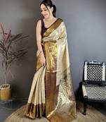 Brown floral, zari woven kanchipuram silk saree with blouse