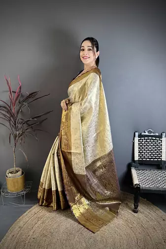 Brown floral, zari woven kanchipuram silk saree with blouse