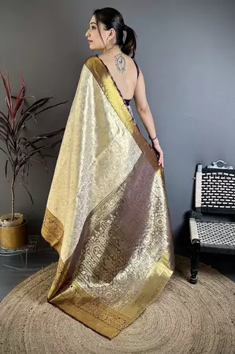 Brown floral, zari woven kanchipuram silk saree with blouse