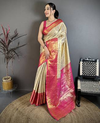 Dark pink floral zari woven kanchipuram silk blend saree with blouse 1