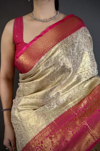 Dark pink floral, zari woven kanchipuram silk saree with blouse