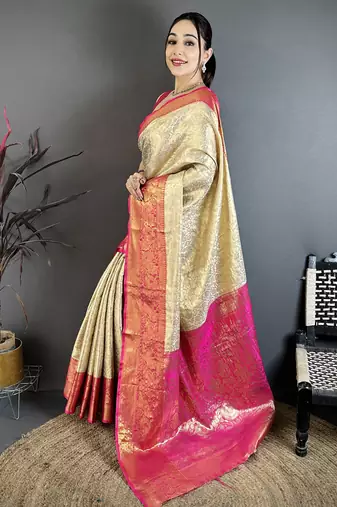 Dark pink floral, zari woven kanchipuram silk saree with blouse