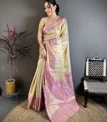 Pink floral, zari woven kanchipuram silk saree with blouse