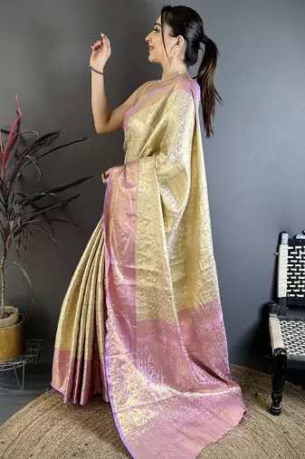 Pink floral, zari woven kanchipuram silk saree with blouse