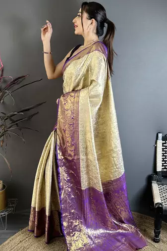 Purple floral, zari woven kanchipuram silk saree with blouse
