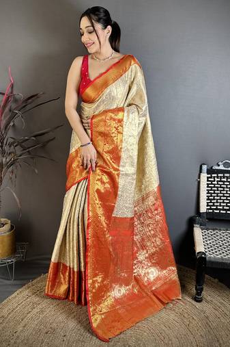 Red floral, zari woven kanchipuram silk saree with blouse