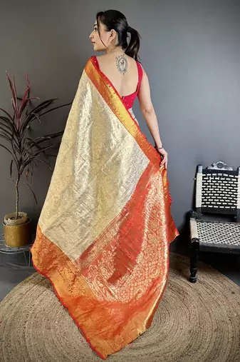 Red floral, zari woven kanchipuram silk saree with blouse