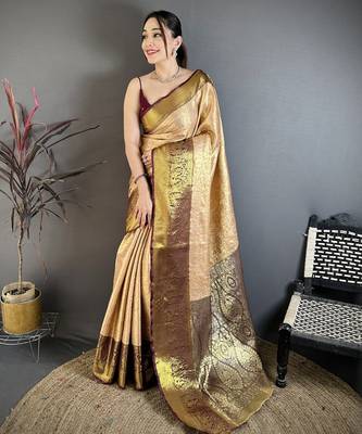 Beige floral zari woven kanchipuram silk blend saree with blouse 1