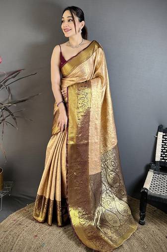 Beige floral, kanjivaram, zari woven kanchipuram silk saree with blouse