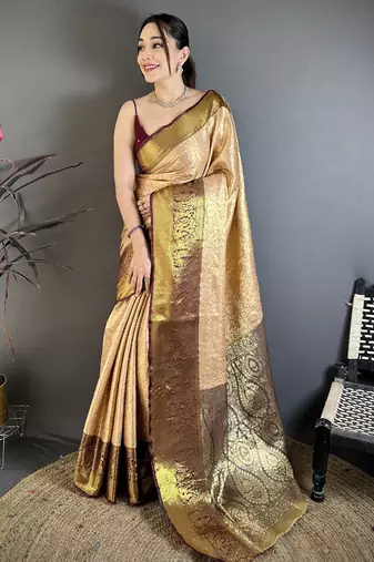 Beige floral, kanjivaram, zari woven kanchipuram silk saree with blouse