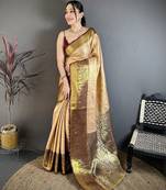 Beige floral, kanjivaram, zari woven kanchipuram silk saree with blouse