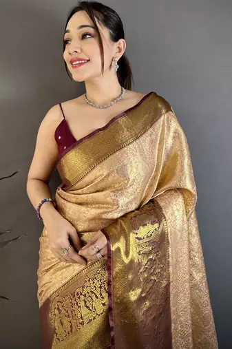 Beige floral, kanjivaram, zari woven kanchipuram silk saree with blouse